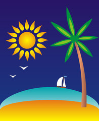 Fototapeta na wymiar Island with a palm tree in the tropical sea. Sun, sand, water, horizon and yacht. A cartoon drawing. Vector graphics
