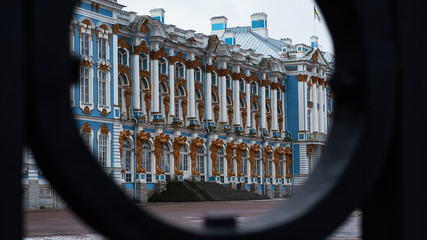 Palace through the gates in Tsarskoe Selo, Pushkin, Russia