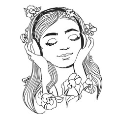 Beautiful young woman listening music with headphones. Vector black on white illustration with flowers.