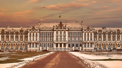 Catherine palace against night sky in Tsarskoye Selo, Pushkin, Saint Petersburg, Russia