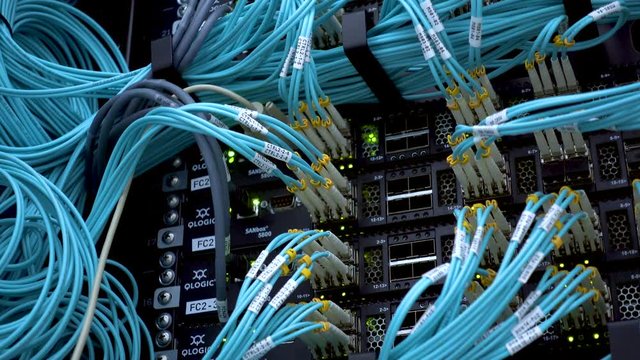 MOSCOW, RUSSIA - March 30: Data optical center. Big data center lights. Optical audio cable. 4K. March 30, 2018 in Moscow, Russia. Editorial