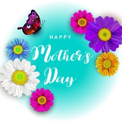 Mother's day greeting card with flowers and butterflies background. Vector