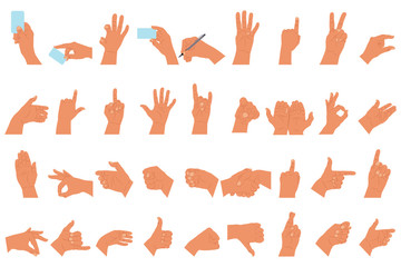 Fototapeta na wymiar Hands set with different gestures, showing emotions with your fingers and holding a card and pen. Vector cartoon flat arm icon isolated on white background.