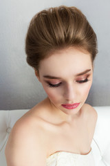 beauty woman, portrait of girl with beautiful makeup looking down