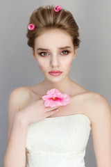 beauty woman, portrait of girl with beautiful makeup looking down