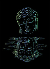 A gradient illustration of a buddha and his reflection. Colorful drawing