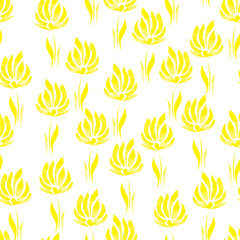Seamless watercolor pattern of yellow flowers and green leaves on a white background.