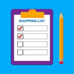 Clipboard with shopping list and pen. Template for product purchase. Blank with mark. Vector illustration. Isolated on background. Inventory check.