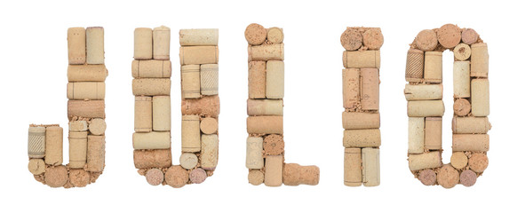 Month July in Spanish Julio made of wine corks Isolated on white background