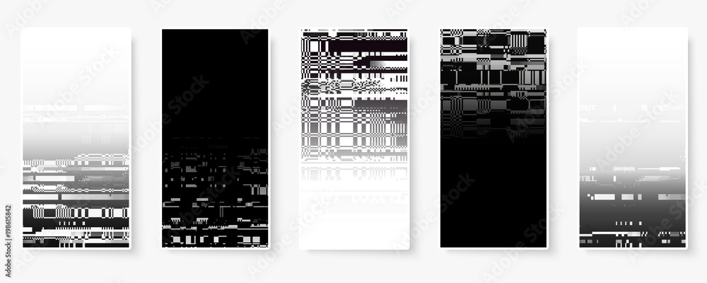 Poster glitch backgrounds set. mobile device screen error. digital pixel noise abstract design. device sign