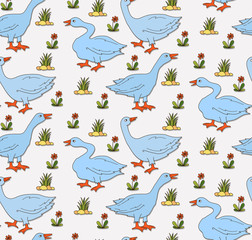 Goose farm birds colorful vintage seamless vector pattern