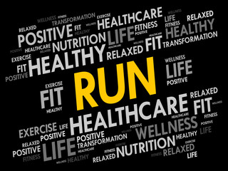 RUN word cloud, fitness, sport, health concept background