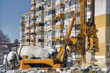 Giant rotary drilling machine on a street construction site in Bulgaria