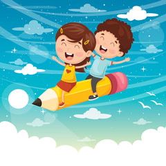 Vector Illustration Of Kids Flying With Pencil