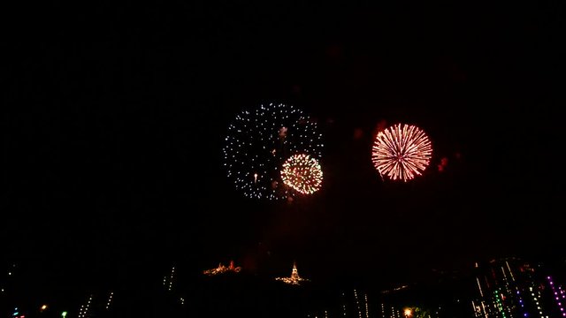 Bonfire Night fireworks display in Phetchaburi, Thailand.  (Phra Nakhon Kiri Festival, February 16th, 2018)