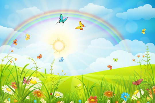 Summer or spring scene with green grass, flowers butterflies and rainbow