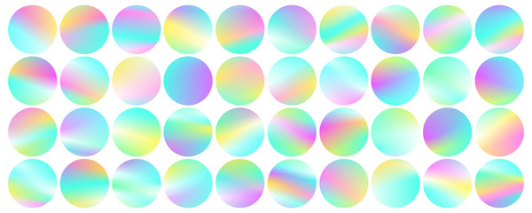 Holographic round frames set. Trendy backdrops for logos, signs or letering. Hologram bubbles. Pastel smooth textures. Modern vector backgrounds for web design or printed products.