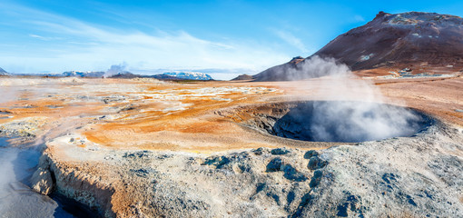 Geothermal field of Hverir, unique wasteland with pools of boiling mud, hot springs and hissing...