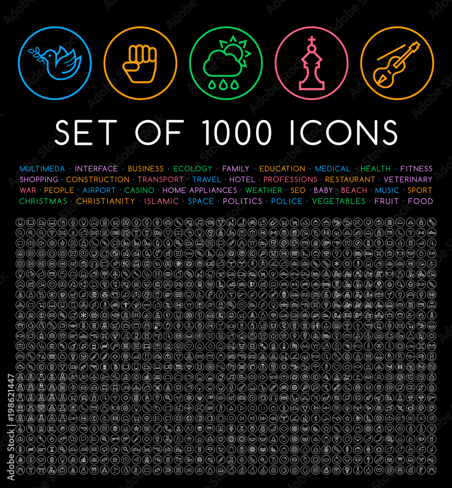 Poster set of 1000 isolated minimal modern simple elegant white stroke icons on circular buttons on black b