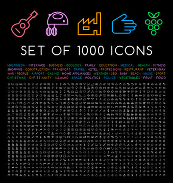 Set of 1000 Isolated Minimal Modern Simple Elegant White Stroke Icons on Black Background
