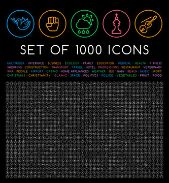 Set of 1000 Isolated Minimal Modern Simple Elegant White Stroke Icons on Circular Buttons on Black Background