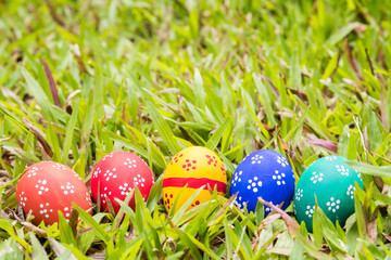 Painted Easter eggs put on the straw in the grass,easter day