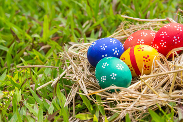 Painted Easter eggs put on the straw in the grass,easter day