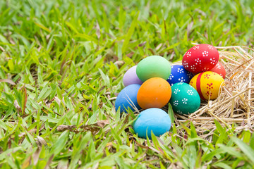 Painted Easter eggs put on the straw in the grass,easter day