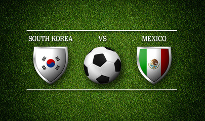 Football Match schedule, South Korea vs Mexico, flags of countries and soccer ball - 3D rendering