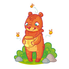 Obraz na płótnie Canvas Cute cartoon bear with honey pot. Vector illustration of forest animal for kids.