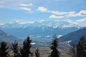 Aerial view of Val Venosta, Malles, italian alps. Alto Adige (South Tyrol), Italy