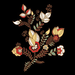 stock vector abstract hand draw flower and wave, doodle bouquet. oriental or arabic, russia textile design. template for card. banner