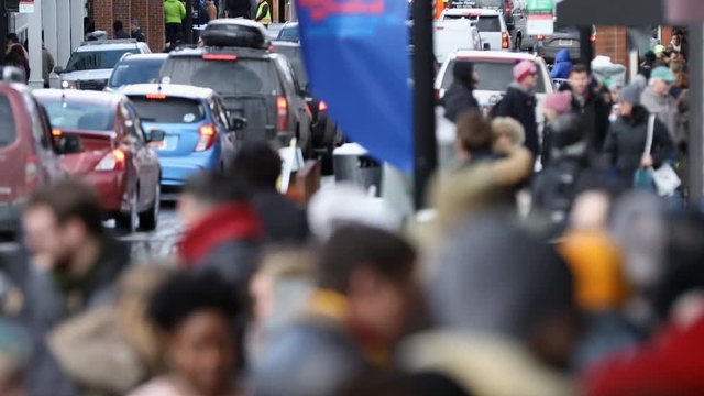 January 2018 - Sundance Film Festival In Park City Utah, People Walking Down Busy Sidewalk.