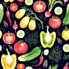 Seamless pattern with watercolor vegetables on dark background