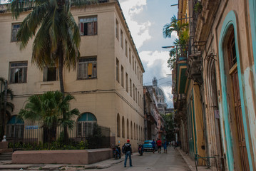 Capitolio Nacional, El Capitolio in the distance on the background of a traditional street. Havana. Cuba