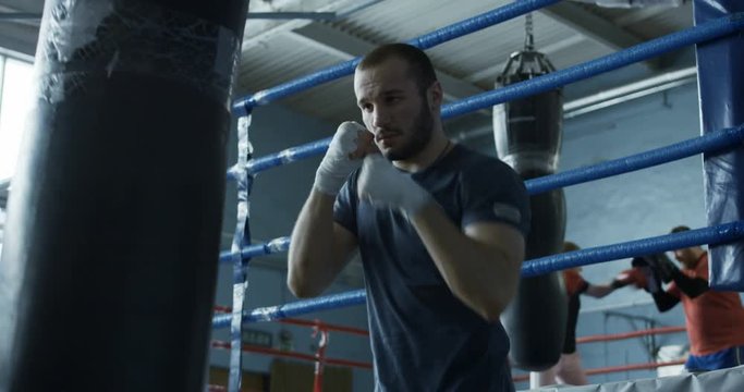 Focused bearded man punching boxing bag training techniques of martial art in gym.