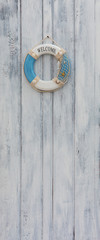 blue lifebuoy on a white wooden wall