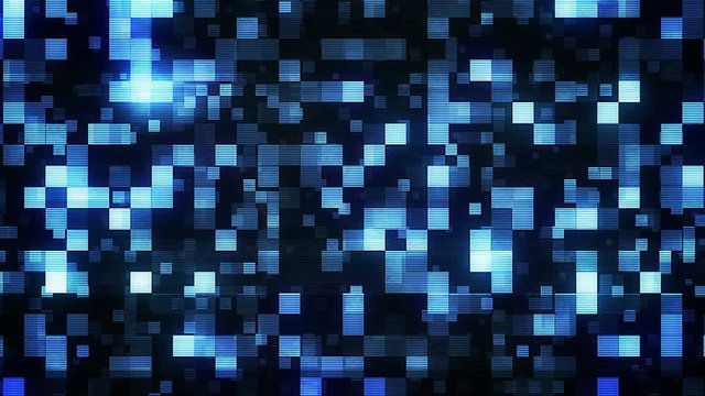 A labyrinthine 3d rendering of small shining blue and white squares making composite figures in the black background. The shining figures change their grids in a knotty way.