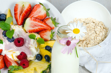 Guten Morgen, gesunder Start in den Tag: Biologischer, Vegetarischer Genuss zum Frühstück: Obst, Milch, Müsli und Joghurt :)