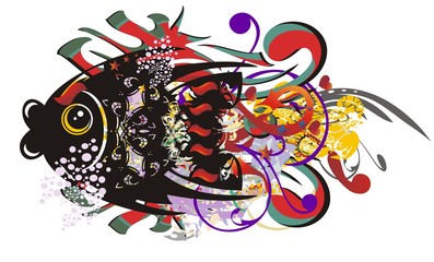 Grunge colorful bright fish splashes. Abstract silhouette of cute fish against the background of the color twirled decorative elements and linear patterns
