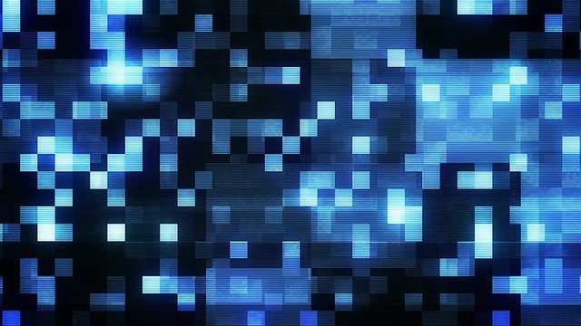 A holographic 3d rendering of small radiant blue and white squares composing bright figures in the black background. The luminous figures alter their networks in a cheery way.