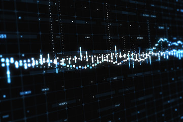 Abstract background with floating graph flowing counters of numbers and equalizer 3d illustration