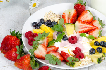 Guten Morgen, gesunder Start in den Tag: Biologischer, Vegetarischer Genuss zum Frühstück: Obst, Milch, Müsli und Joghurt :)