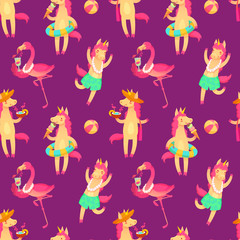 Vector seamless pattern with cool trendy unicorns and flamingos on summer holidays.