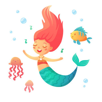 Cute singing mermaid in cartoon style. Fairytale illustration for kids in vector.