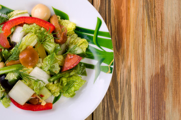 Pickled mushroom salad with raw fresh vegetables. Decorated with dill and slices of red sweet pepper. Horizontal. Copy space for text.