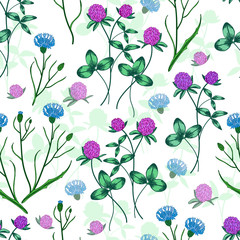 Seamless vector floral pattern. Floral background of bouquets of flowering clover and cornflowers with plant shadows in the background.