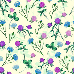 Seamless vector floral pattern. Floral background of flowering clover and cornflowers with plant shadows in the background.
