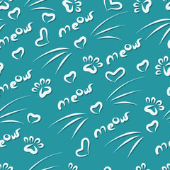 Seamless vector pattern. Cheerful background of hearts, cat's paws and cat's noses with mustaches.