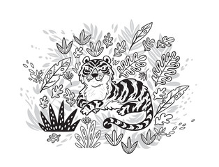 Contour print. Tiger in tropical leafs. Black and white vector illustration